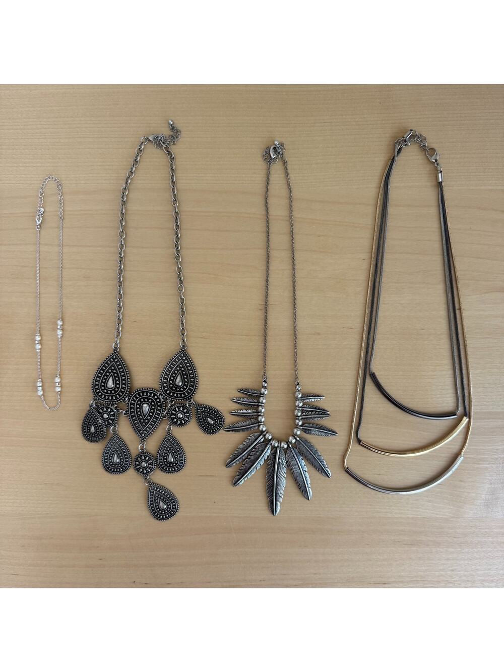 Lot of 4 Boho Statement Necklaces Feather Paisley Layered Silver Tone